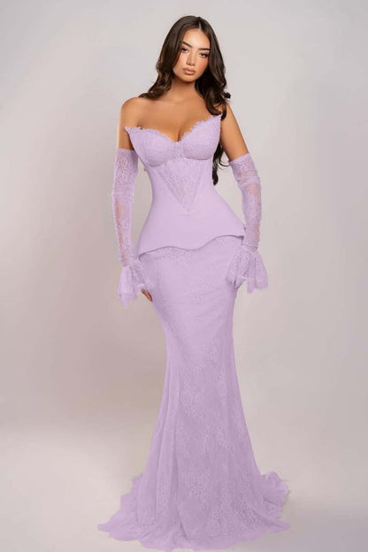 Elegant Pink Sleeveless V-Neck Strapless Lace Mermaid Prom Dress With Appliques