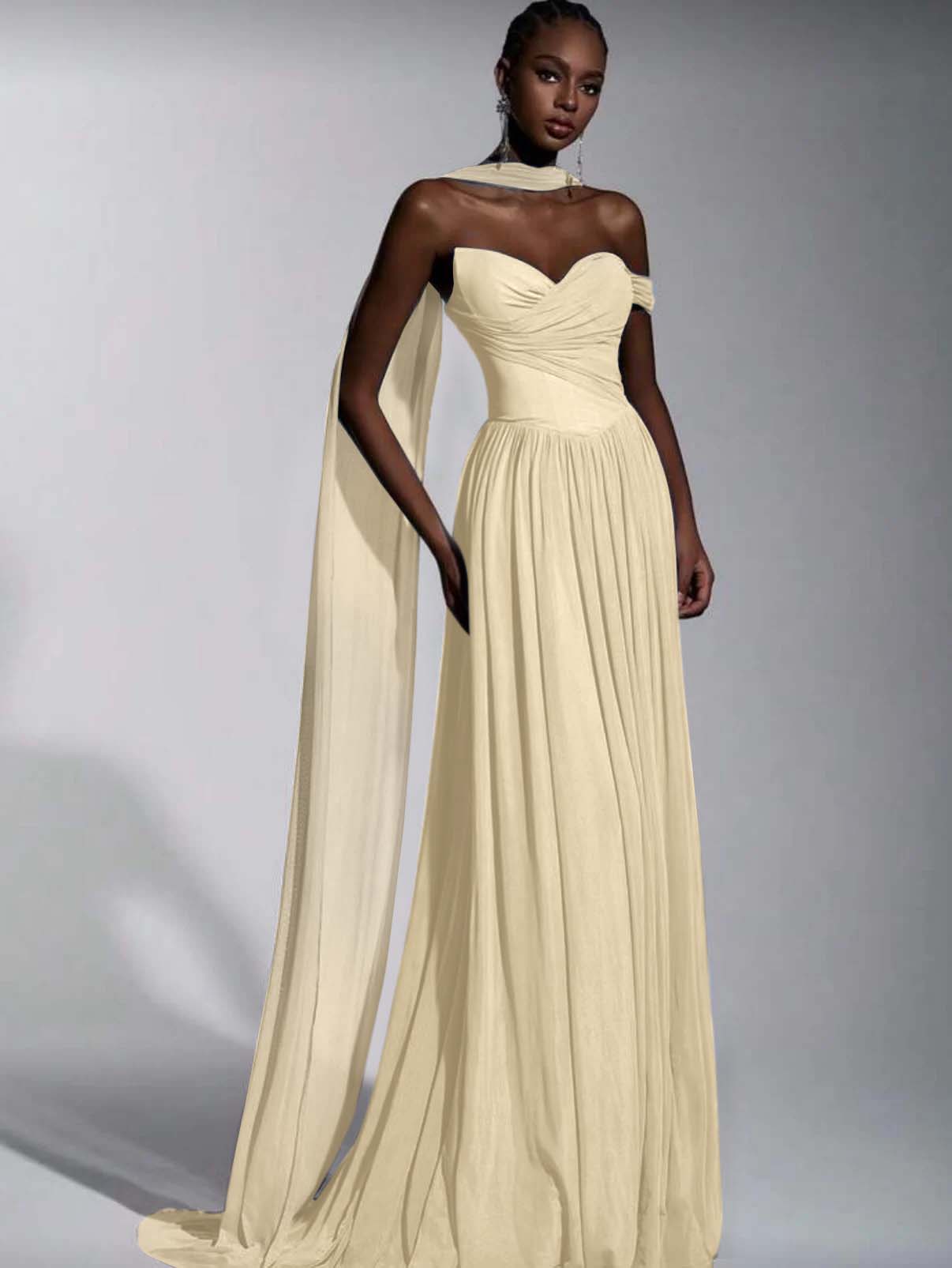 Dusty Blue One Shoulder Sweetheart Evenign Dress in Chiffon With Split