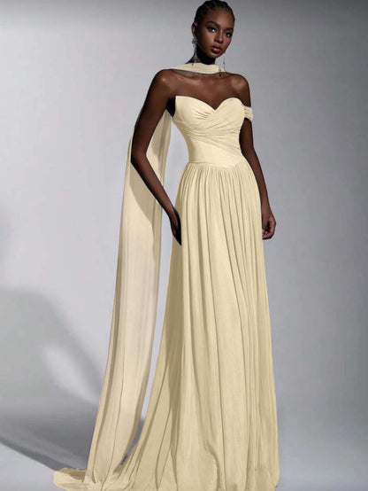 Dusty Blue One Shoulder Sweetheart Evenign Dress in Chiffon With Split