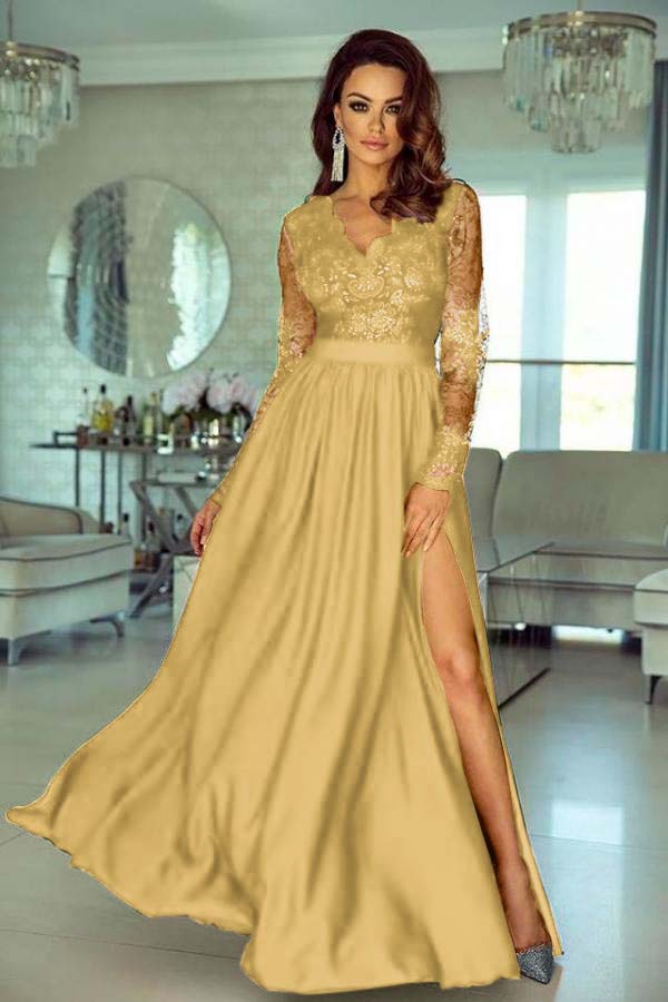 V-Neck Long Sleeve Lace Prom Dress With Slit