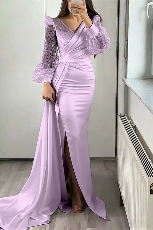 V-Neck Long Sleeves Sequins Mermaid Split Evening Dress With Ruffle