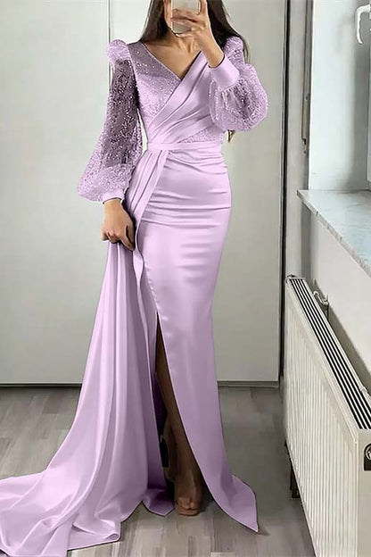 V-Neck Long Sleeves Sequins Mermaid Split Evening Dress With Ruffle