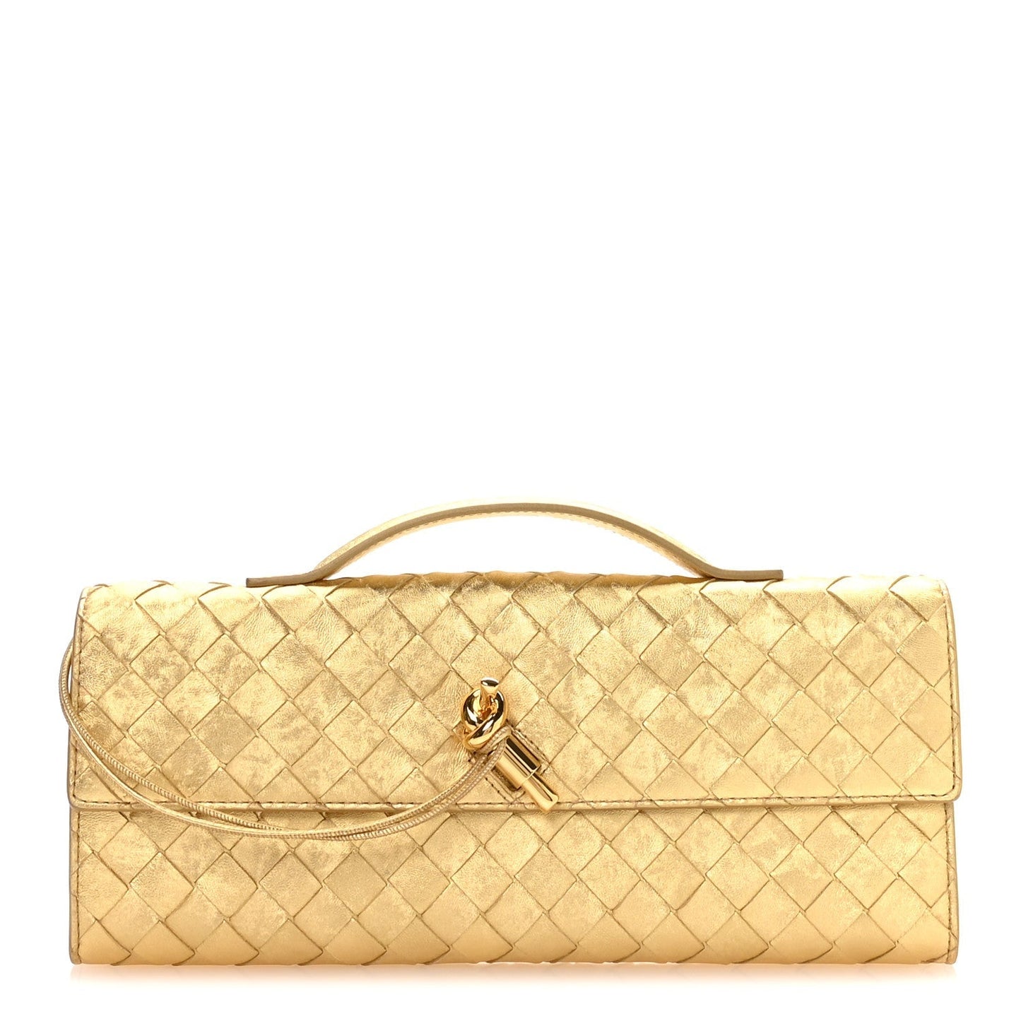 Metallic Lambskin Intrecciato Long Andiamo Top Handle Clutch Gold