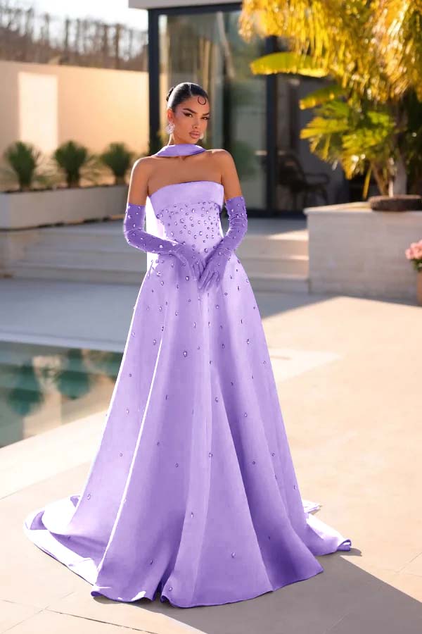 Sleeveless Strapless Long Evening Dress With Appliques Gloves