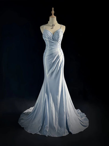 Classy Mermaid Spaghetti Straps Appliques Satin Open Back Long Party Dress Evening Dress SH2916