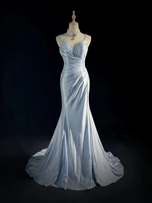 Classy Mermaid Spaghetti Straps Appliques Satin Open Back Long Party Dress Evening Dress SH2916