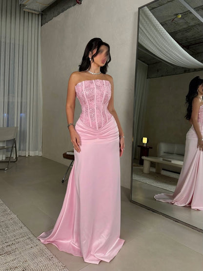Sleeveless Square Mermaid Strapless Beads Prom Dress