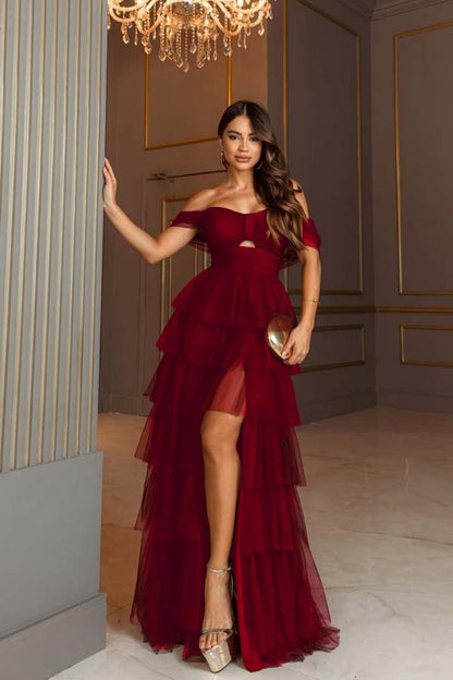 Burgundy Tulle A-Line Off-The-Shoulder Split Evening Dress