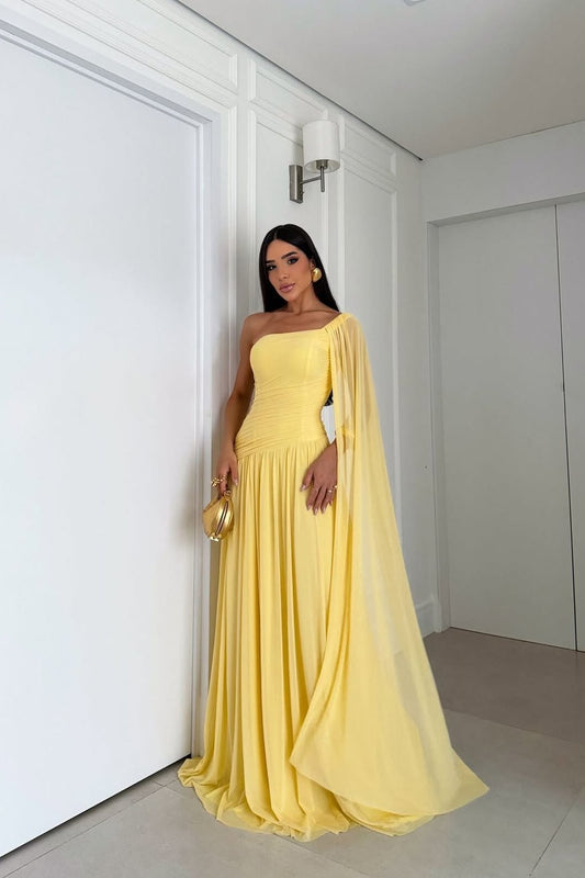 Stunning Yellow Sleeveless Tulle One-Shoulder Evening Dress