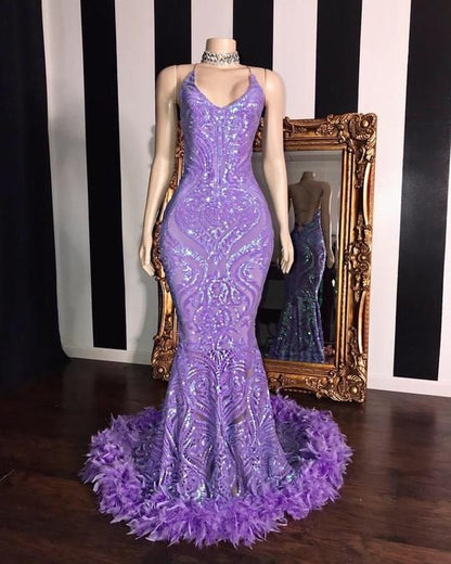 Gorgeous Mermaid Sleeveless Sequins Lace Prom Dress With Feather