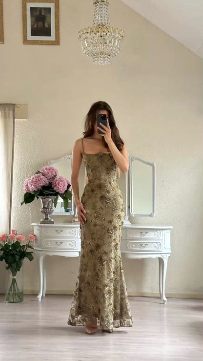Gorgeous Mermaid Spaghetti Straps Floral Olive Green Tulle Prom Dress SH5148