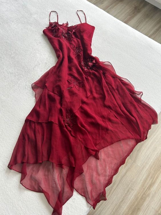 Burgundy Appliques Layered A Line Spaghetti Strap Chiffon Party Dress Prom Dress SH3598