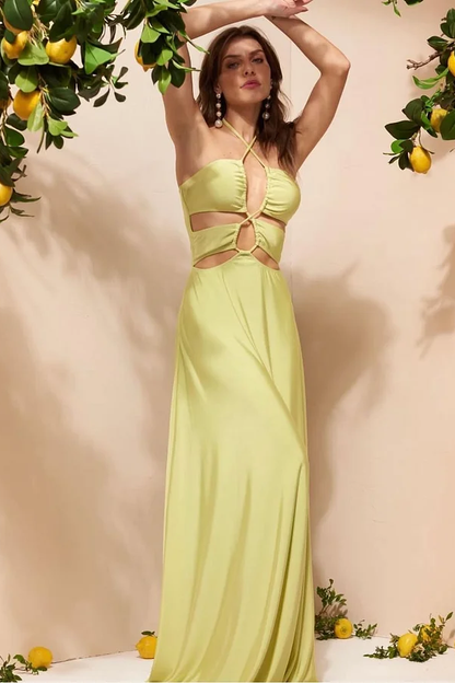 Yellow Sleeveless Halter Straps Deep V-Neck Mermaid Prom Dress