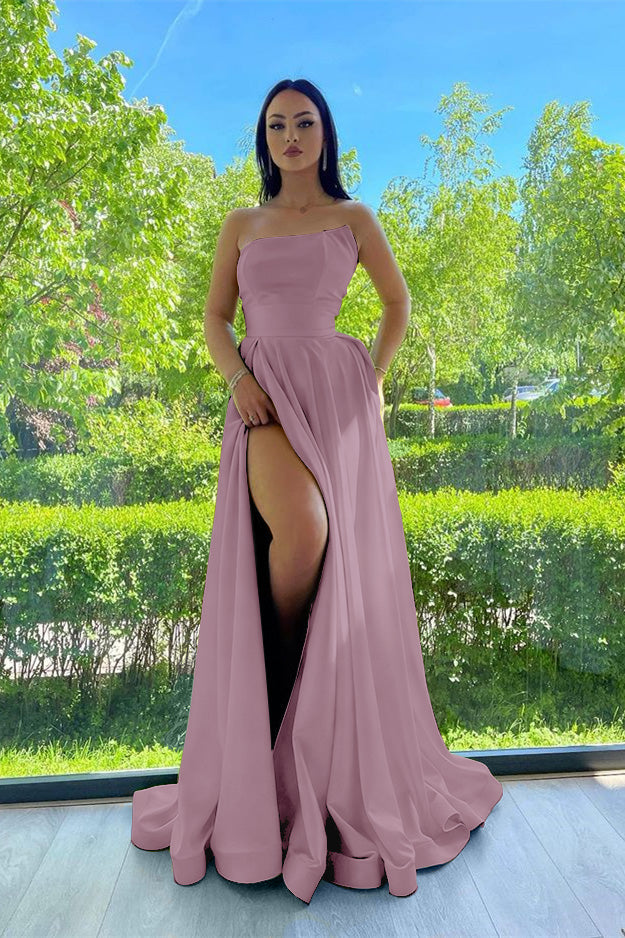 Elegant Strapless A-Line Prom Dress Green With Slit