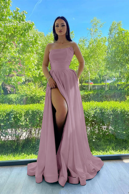 Elegant Strapless A-Line Prom Dress Green With Slit