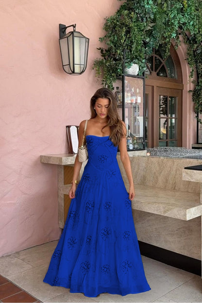Spaghetti Strap Sleeveless Long Evening Dress With Pleated Appliques