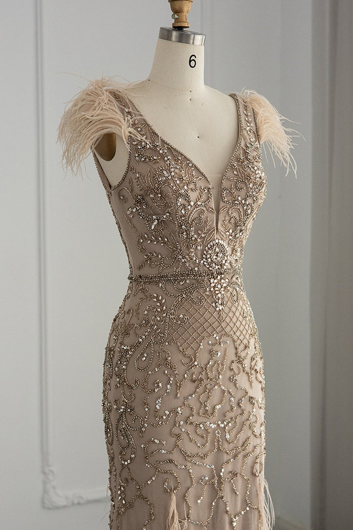 Luxury V Neck Mermaid Evening Dress Sheath With Feathers Appliques