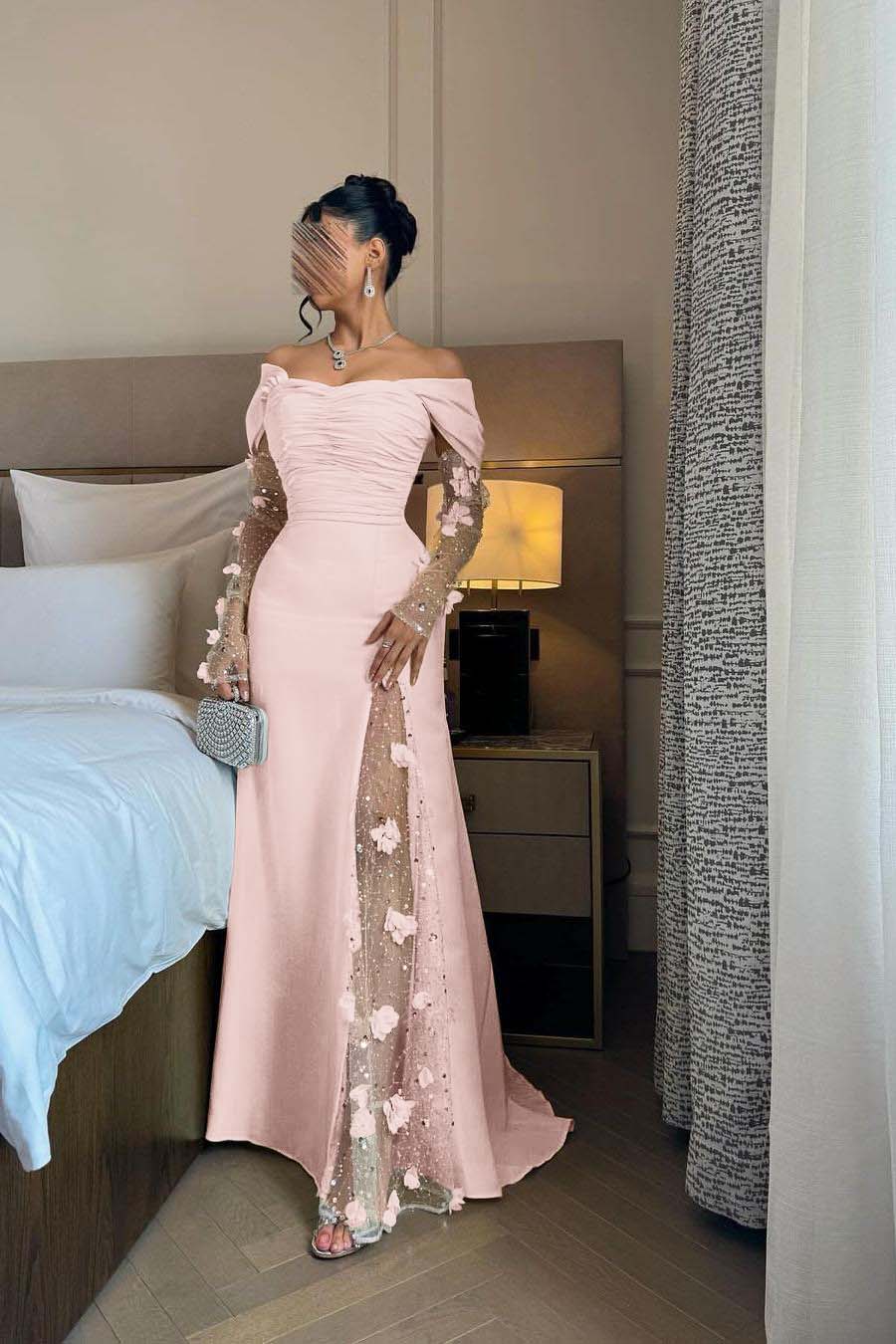 Chic Daffodil Satin Long Sleeves Off the Shoulder Pleated Prom Dress with Sequins