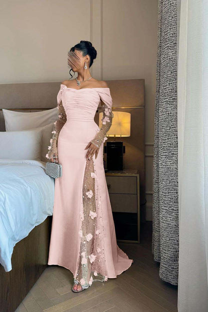 Chic Daffodil Satin Long Sleeves Off the Shoulder Pleated Prom Dress with Sequins