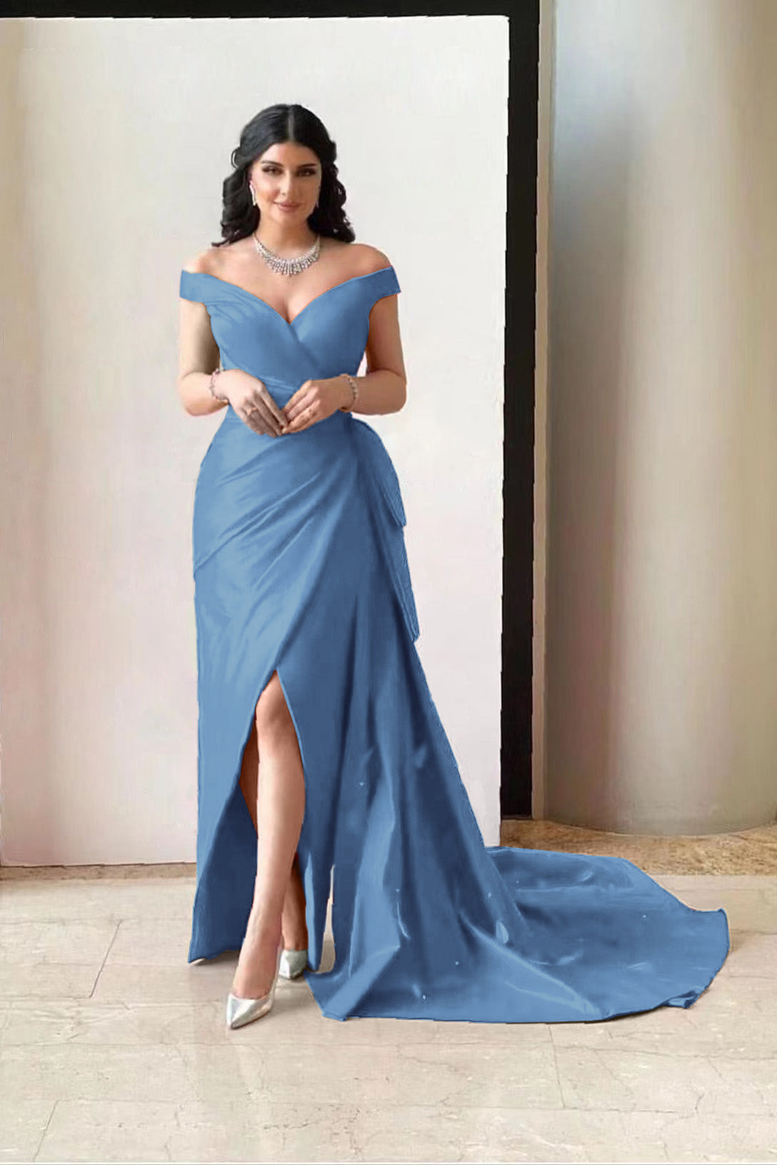 Amazing Fuchsia Off-The-Shoulder V-Neck Split Prom Dress With Pleated
