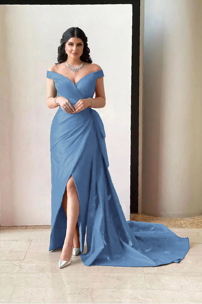 Amazing Fuchsia Off-The-Shoulder V-Neck Split Prom Dress With Pleated