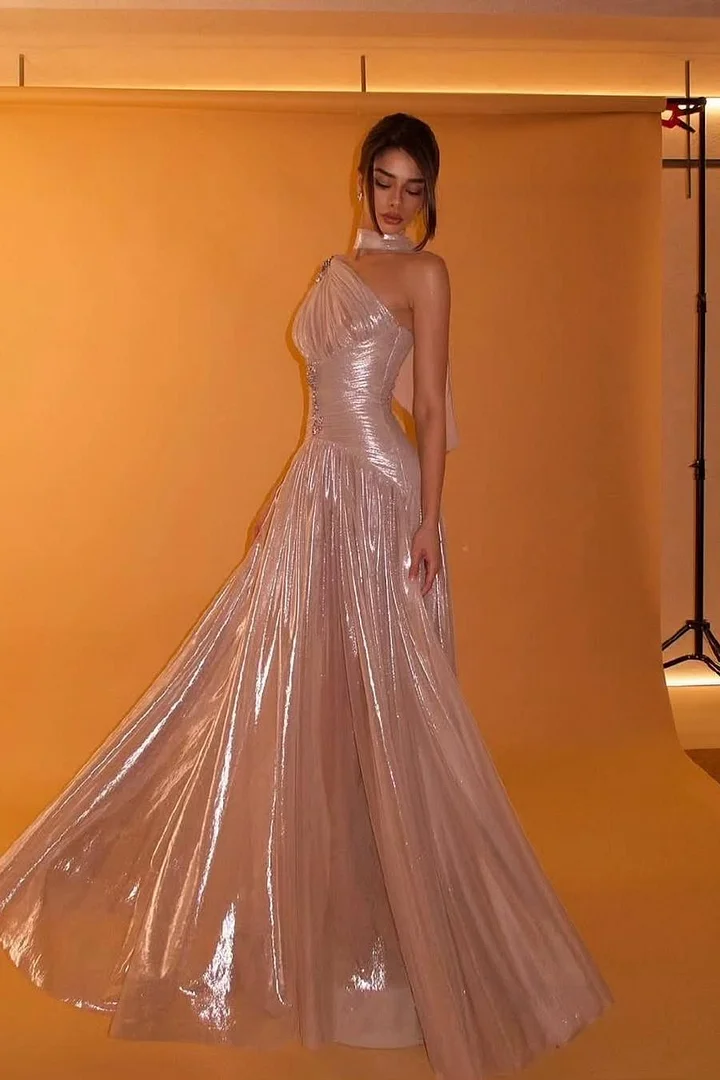 Charming One Shoulder Sleeveless Beaded Pleated Eevening Dress with Scarf