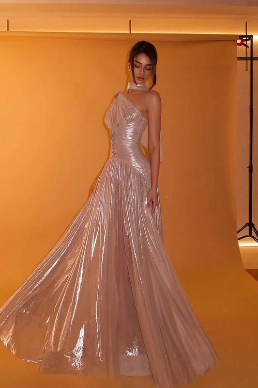 Charming One Shoulder Sleeveless Beaded Pleated Eevening Dress with Scarf