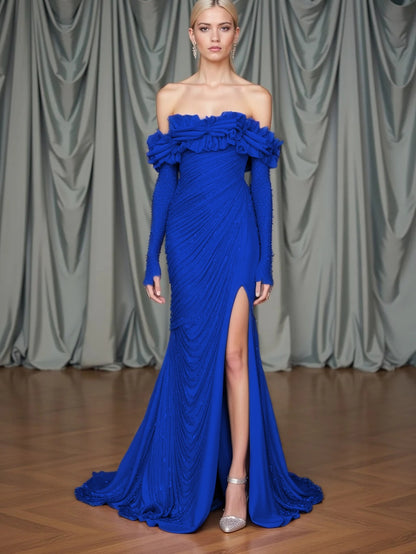 Long Sleeves Strapless Mermaid Slit Prom Dress With Sequins