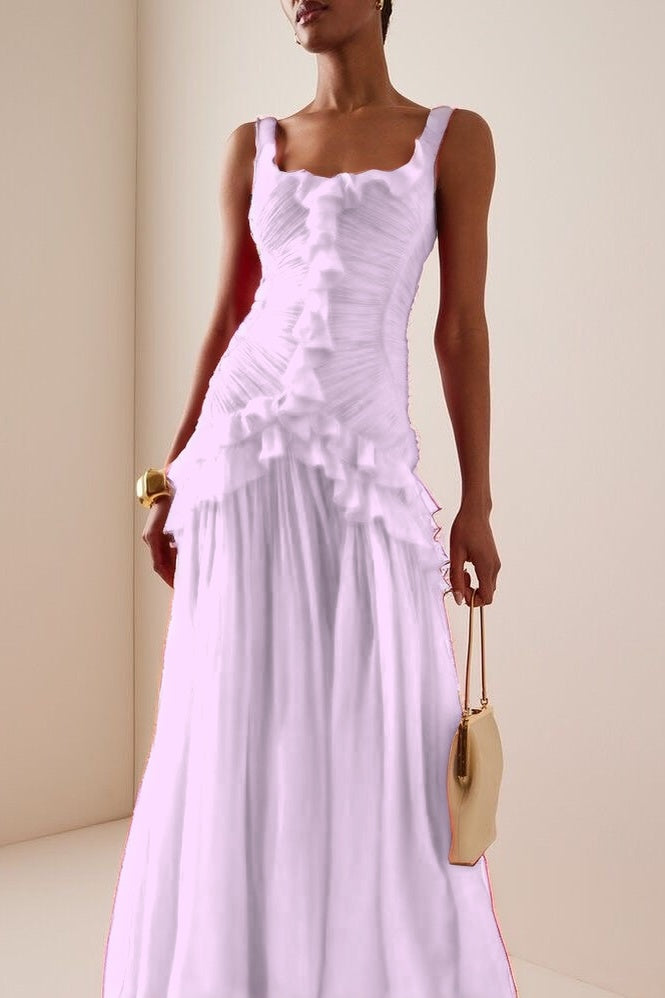 Elegant Ruffled Red Sleeveless Square Long Prom Dress With Pleated