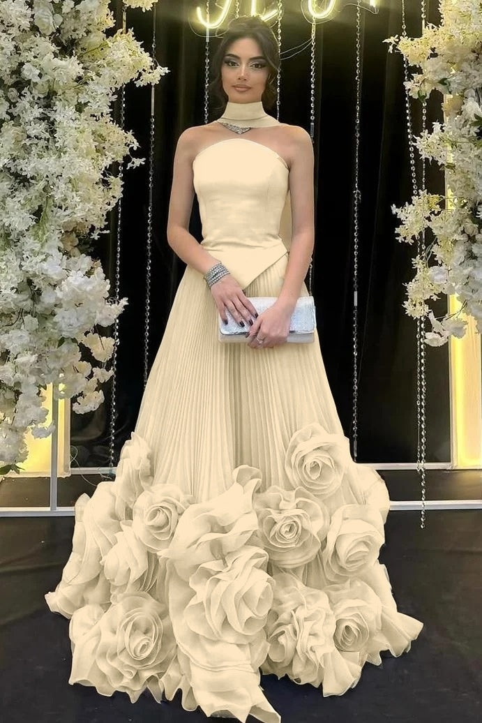 Strapless Sleeveless Long Ruffle Evening Dress With Flower Pleated