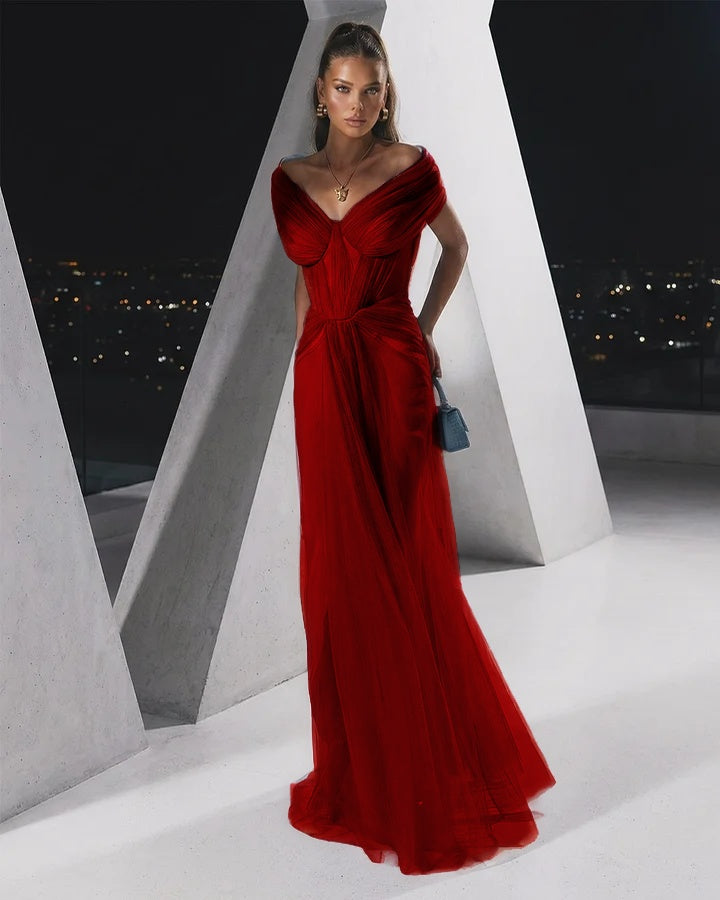 Flowing Dusty Blue Off-The-Shoulder Pleated Long Tulle Evening Dress