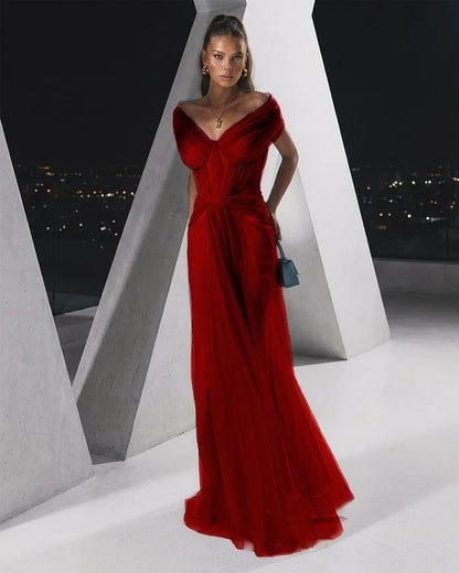Flowing Dusty Blue Off-The-Shoulder Pleated Long Tulle Evening Dress