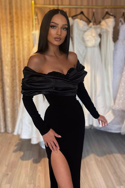 Black Long Sleeves Mermaid Evening Dress With Split