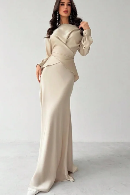 Glamorous Champagne Satin Long Sleeves Jewel Neck Slim Prom Dress