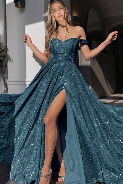 Mermaid Front Split Prom Dress With Sequins Off-The-Shoulder V-Neck