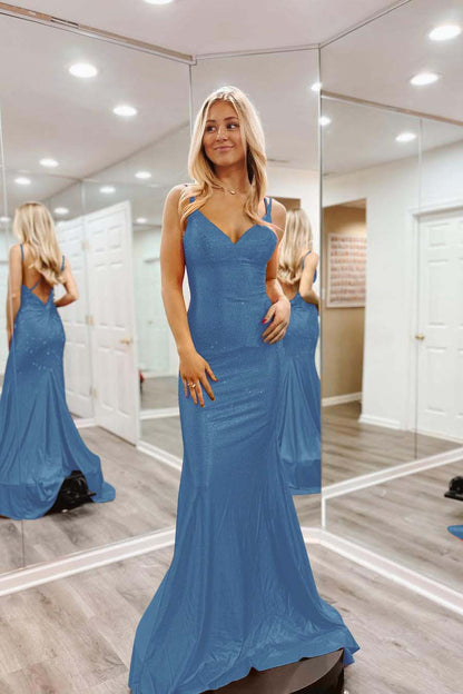 Shinning Orange Spaghtti Strap Sleeveless V Neck Mermaid Prom Dress with Beadings