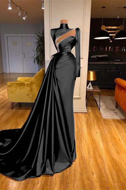 High Neck Long Sleeves Mermaid Prom Dress Beadings With Ruffles