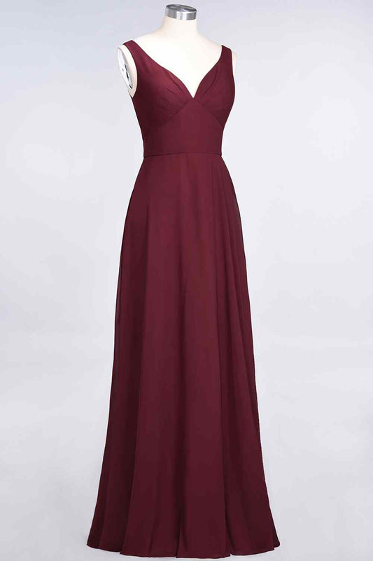Burgundy A-line V Neck Cut-Out Back Chiffon Long Bridesmaid Dress