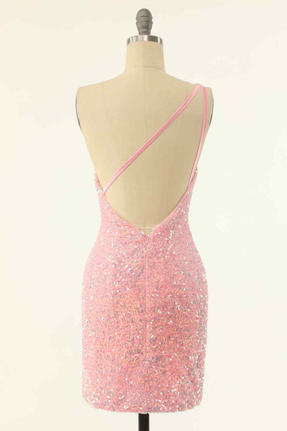 Sheath One Shoulder Sequins Strap Back Mini Homecoming Dress