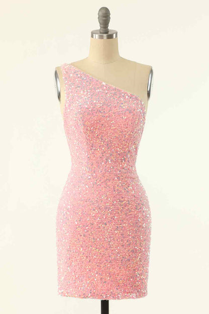 Sheath One Shoulder Sequins Strap Back Mini Homecoming Dress