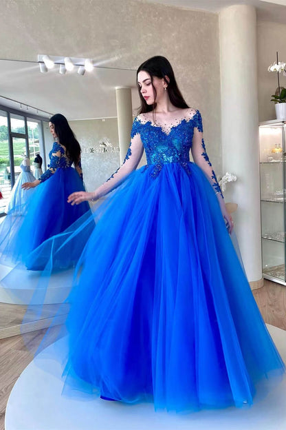 Royal Blue Long Sleeves Tulle Prom Dress With Appliques Amazing