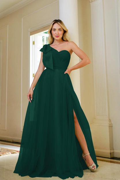 Sage Green One Shoulder Sweetheart Tulle Prom Dress With Slit