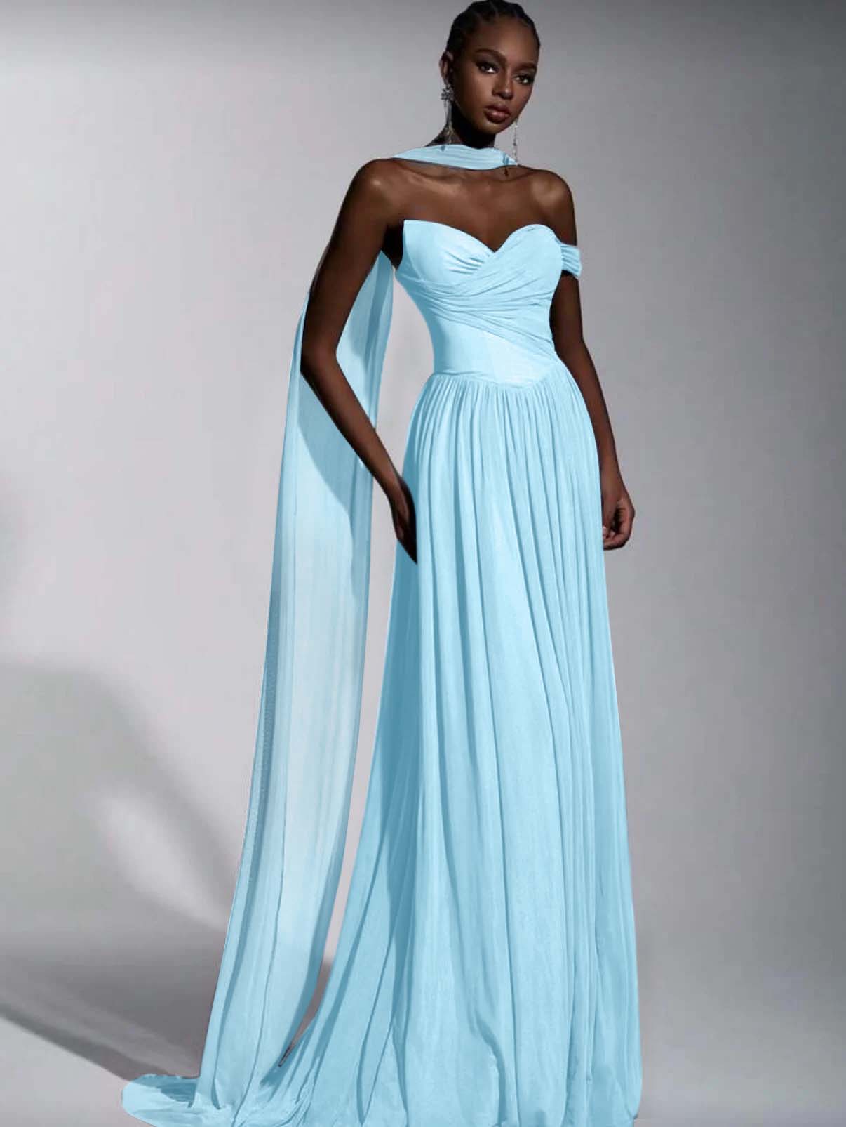 Dusty Blue One Shoulder Sweetheart Evenign Dress in Chiffon With Split