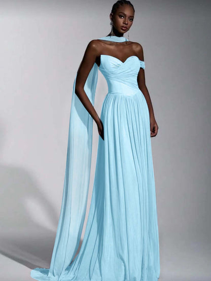 Dusty Blue One Shoulder Sweetheart Evenign Dress in Chiffon With Split
