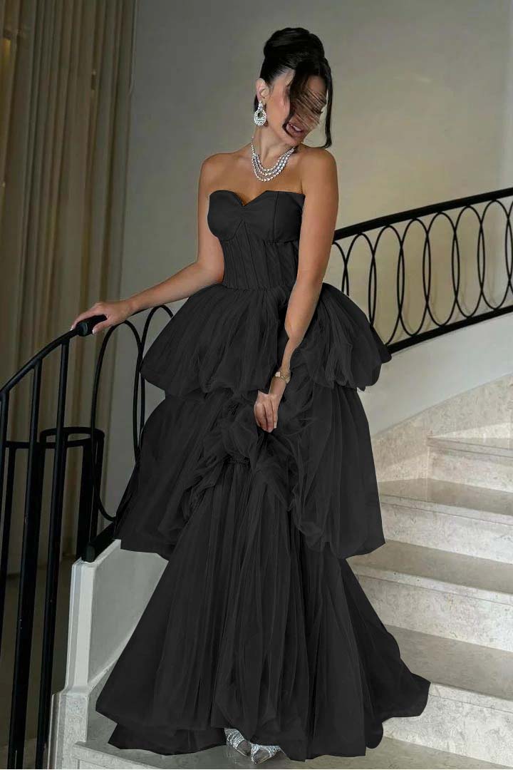 Sleeveless Sweetheart Strapless A Line Long Prom Dress With Tulle