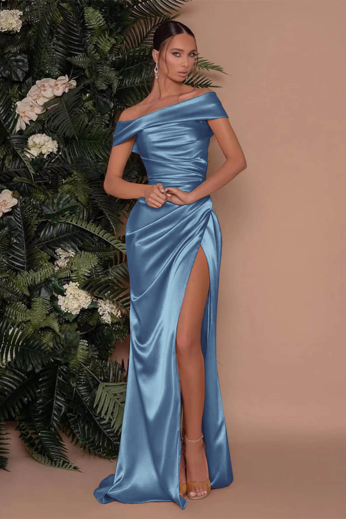 Champagne Off The Shoulder Prom Dress Charmeuse Slit Mermaid