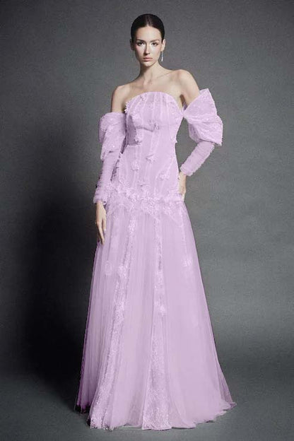 White Strapless Off-the-Shoulder A Line Evening Dress with Appliques