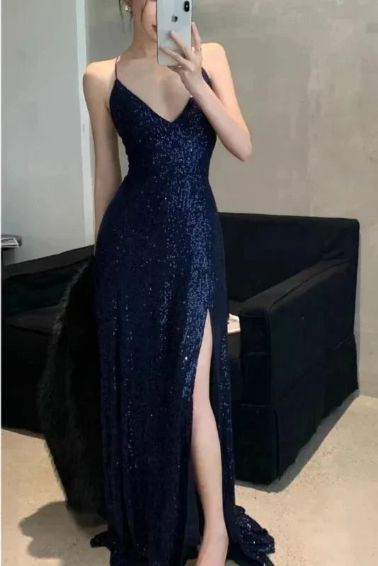 Womens Navy Sequined Slitted Spaghetti Strap V Neck Full-Length Formal Gown Dress