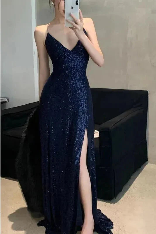 Womens Navy Sequined Slitted Spaghetti Strap V Neck Full-Length Formal Gown Dress