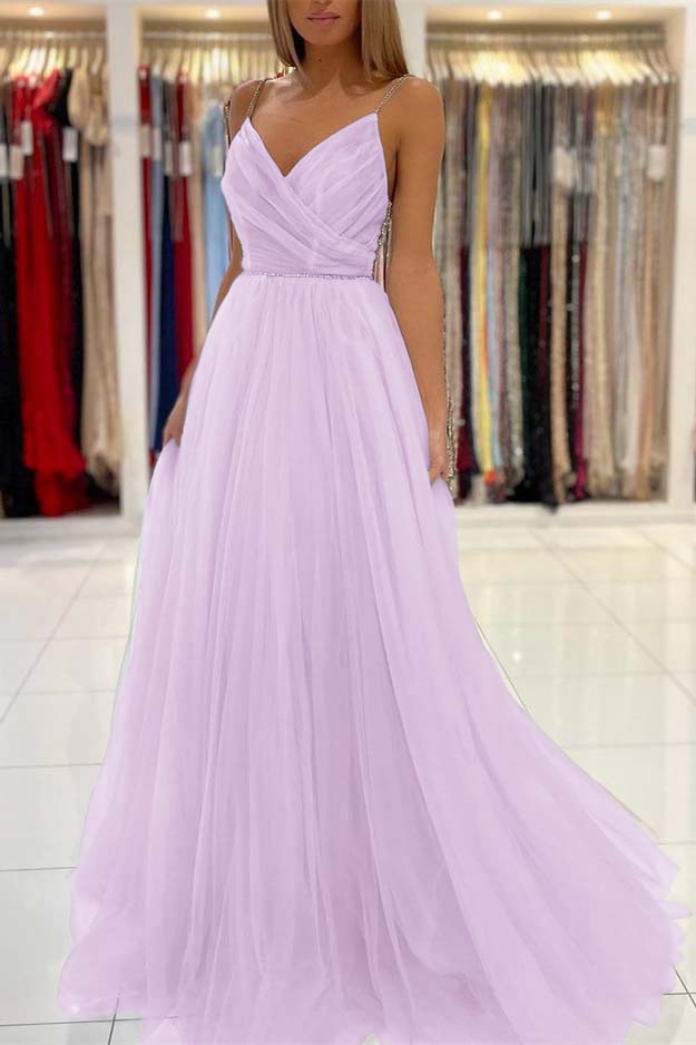 Long Light Sky Blue Spaghetti-Straps Tulle Prom Dress With Beads